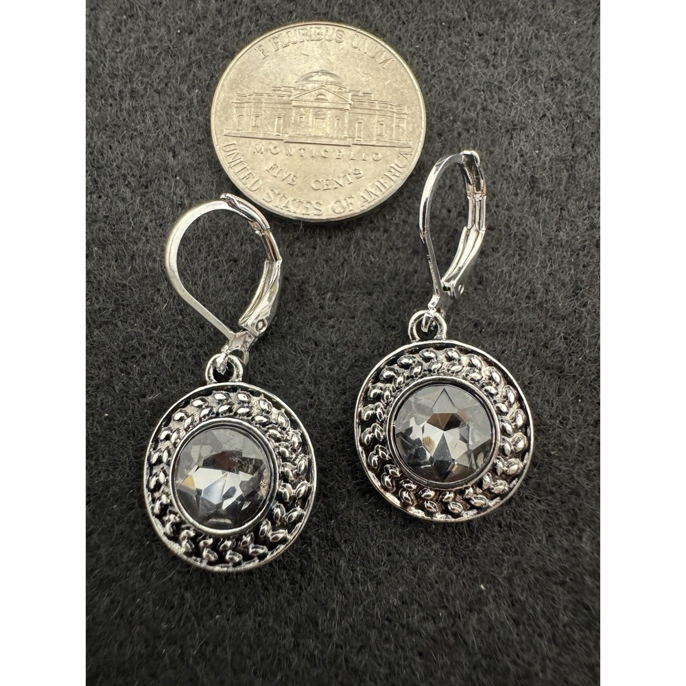 Black Crystal Round Medallion Dangle Earrings Silver Tone Leverback NEW